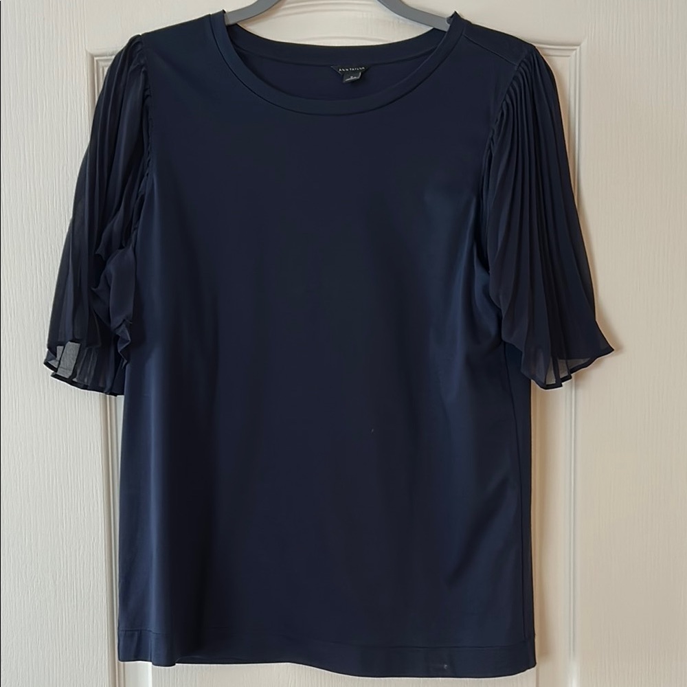 Navy Blue Women's Top with Pleated Sleeves